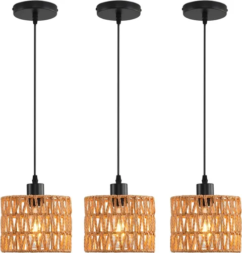 Miniatura 16 de Lámpara Colgante Tejida Candelabro Bohemio, Luces Colgantes de Ratán Isla de Cocina, Iluminación Colgante de Granja con Pantalla de Mimbre Tejida a