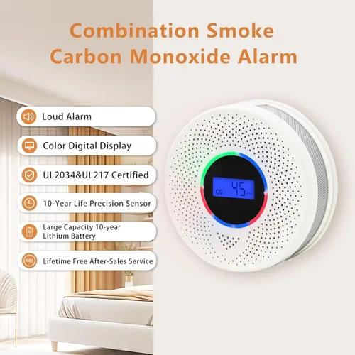 Miniatura 4 de Detector de humo y monóxido de carbono con batería de 10 años, alarma de humo y CO 2 en 1 con pantalla digital, alarma confiable contra incendios