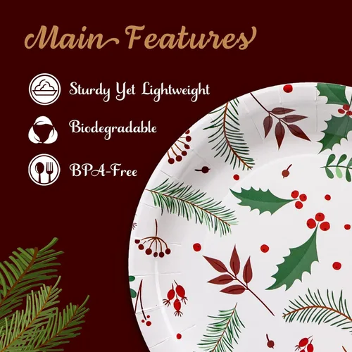 Miniatura 5 de MATICAN Platos de papel para fiesta, paquete de 50 platos de papel desechables, suministros de fiesta de Navidad, diseño de acebo de Navidad, platos