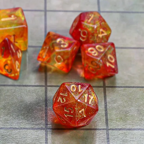 Miniatura 4 de CiaraQ DND - Juego de dados poliédricos con una bolsa de dados negra para juegos de mesa de rol D&D RPG MTG Rojo mezclado con naranja + purpurina
