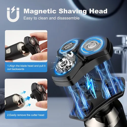 Miniatura 7 de Maquinilla de afeitar eléctrica 4 en 1 para hombres, cabezales flotantes magnéticos, pantalla LED, IPX7 impermeable, bloqueo de viaje y recortadora