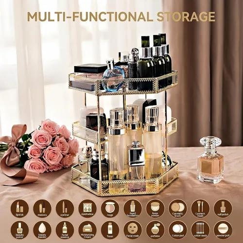 Miniatura 6 de ZOOFOX Organizador de maquillaje de vidrio giratorio de 360 grados, soporte grande de almacenamiento de cosméticos con ribete dorado para tocador