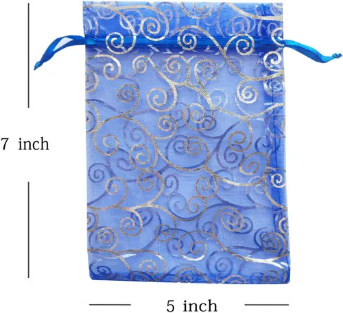 Miniatura 2 de 100 unidades por paquete, bolsas de envoltura de regalo de 5 x 7 pulgadas, ratán azul, tela transparente de organza, bolsas con cordón para regalos