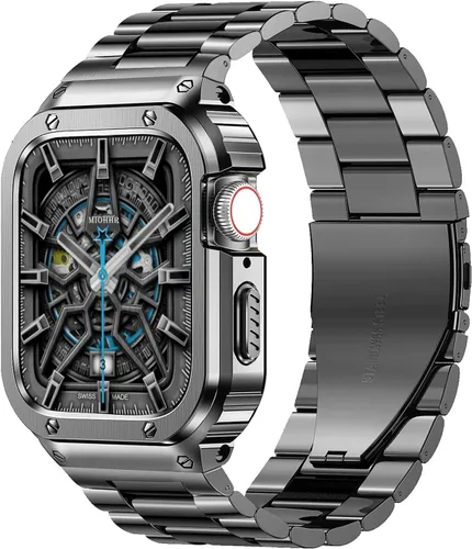 Miniatura 20 de MioHHR Correa y funda de acero inoxidable compatible con Apple Watch Band de 1.614 in, 1.575 in y 1.496 in, cubierta protectora de metal para Negro