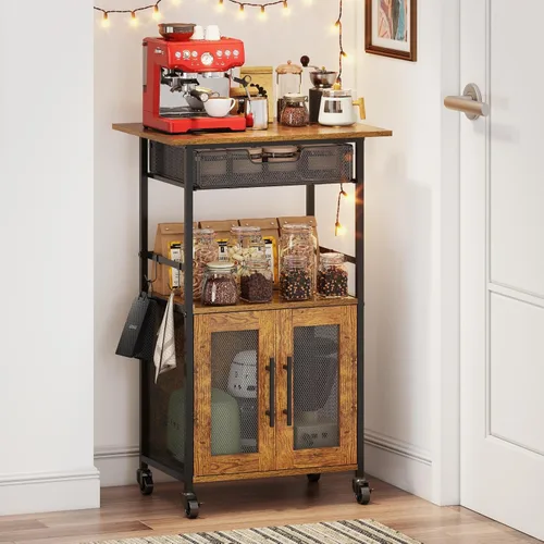 Miniatura 11 de Hencawima Gabinete de barra de café, mesa de estación de café de 3 niveles con ruedas, carrito de barra de 35.9 pulgadas de alto con cajón de cesta