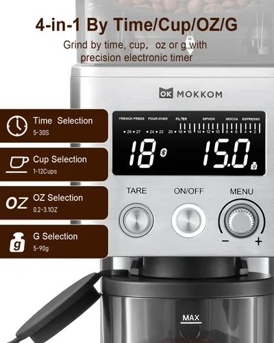 Miniatura 5 de MOKKOM Molinillo de café eléctrico con báscula de café extraíble, molinillo de granos de café cónico antiestático, 31 ajustes precisos para verter