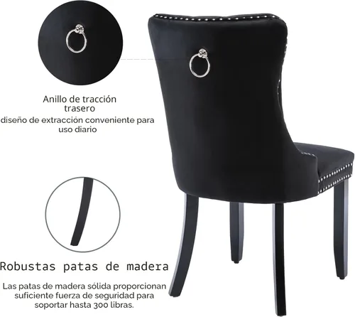 Miniatura 5 de Shenyon Juego de 4 Sillas de Comedor de Terciopelo Negro, Sillas de Comedor Tapizadas con Tirador de Anillo Trasero y Patas de Madera Maciza, Sillas