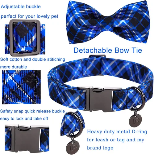 Miniatura 3 de Collar para perro con pajarita, Collar de algodón con pajarita para cachorro, Collar para perro azul para niña o niño con hebilla de metal duradera