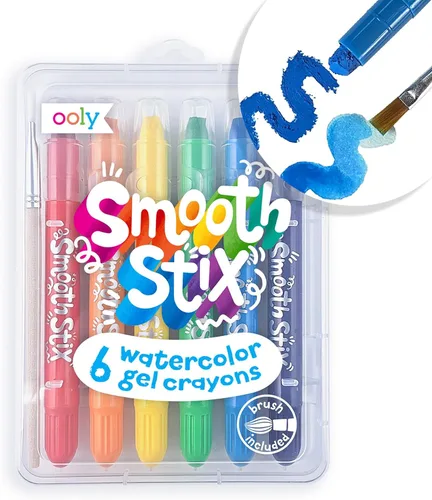 Ooly Smooth Stix - Crayones de gel para niños y adultos con pincel, juego de 6 colores arcoíris de acuarela para vidrio y papel con estuche, juego