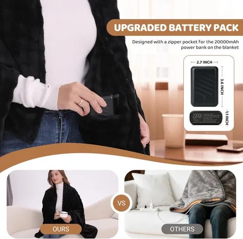 Miniatura 6 de Manta térmica inalámbrica, manta de calefacción a pilas con banco de energía recargable de 20000 mAh, manta térmica portátil, chal térmico eléctrico