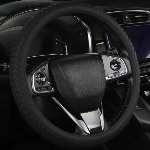 Cubierta de volante de cuero para hombres, con patrón tejido negro, accesorios para auto, antideslizante, segura, suave, transpirable, adaptable a