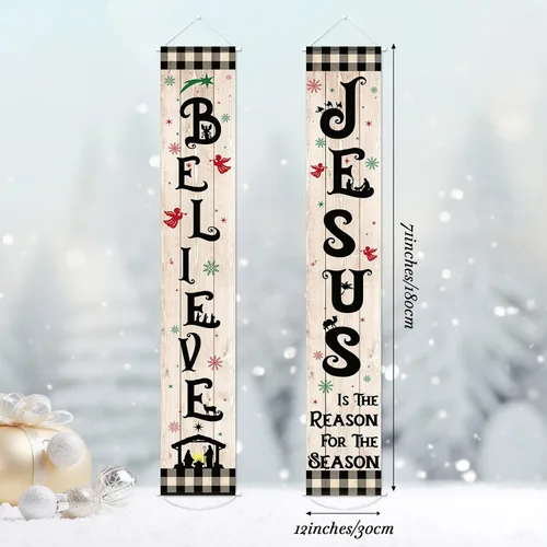 Miniatura 2 de Tiamon Cartel de Navidad para porche delantero, letrero de belén religioso de invierno, cartel colgante de vacaciones, decoración de Navidad