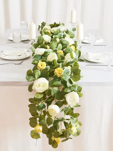MISSPIN - Guirnalda de flores artificiales de primavera con eucalipto, 2 unidades, diseño vintage, decoración falsa con peonías, rosas, enredaderas,
