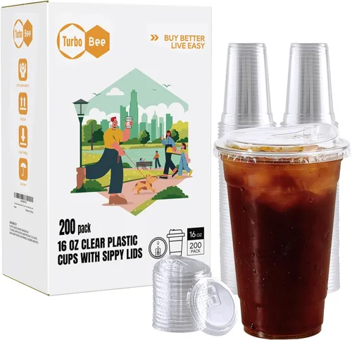 Miniatura 8 de Turbo Bee 12 OZ 200 Juegos Vasos de Plástico Transparente Cristalino con Tapas para Sorber sin Pajilla, Vasos de Plástico Desechables Transparentes