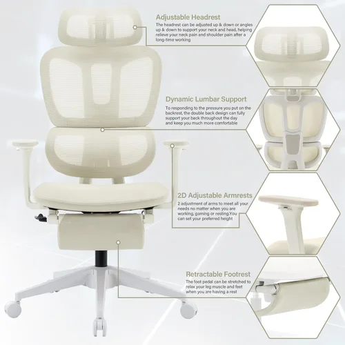 Miniatura 3 de Silla de oficina ergonómica de malla con reposapiés retráctil, silla de computadora con respaldo alto, soporte lumbar, reposabrazos y reposacabezas
