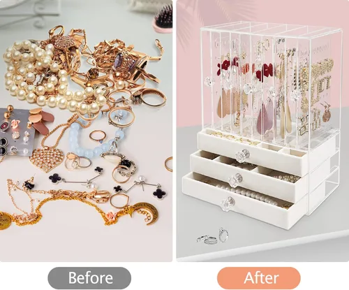 Miniatura 5 de Jenseits Acrylic Jewelry Holder, Clear Earring Organizer with 3 Drawers, Velvet Hanging Jewelry Stand Storage for Necklace Earrings Ring Bracelet