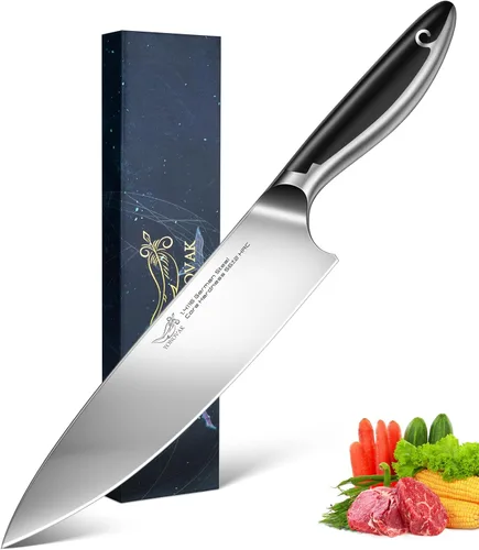 Cuchillo de chef de 8 pulgadas en acero alemán EN1.4116 de alto carbono, ultra afilado, antideslizante, mango de espiga completa, apto para