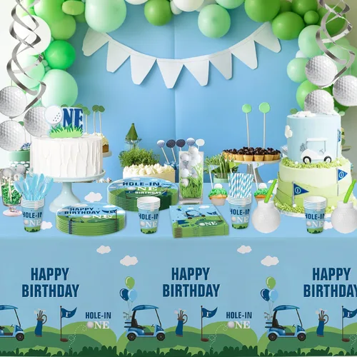 Miniatura 6 de Xigejob Suministros para fiesta de primer cumpleaños de golf, vajilla de decoración de cumpleaños con agujero en uno, plato de papel de golf, taza