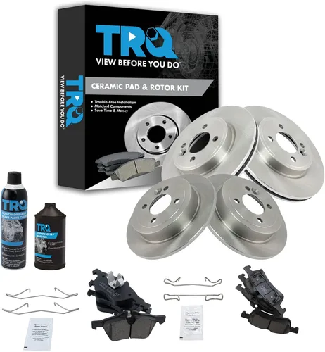 TRQ Kit de pastillas de freno delanteras y traseras y rotores Kit de productos químicos de freno, pastillas de freno de cerámica compatible con Mini