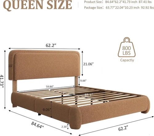 Miniatura 2 de Base de cama de tamaño Full con tapizado de bouclé, plataforma tapizada con cabecera, anticolisión con esquinas redondeadas suaves, no requiere