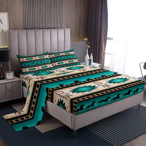 Juego de sábanas para cama de caballos, atrapasueños para niños, adolescentes, hombres, sábana bajera con estampado de caballos tribales aztecas