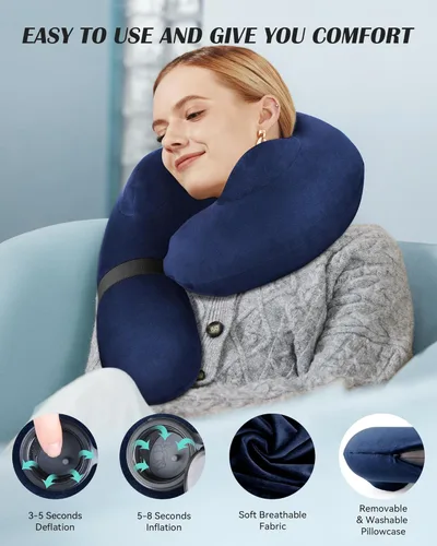 Miniatura 2 de Almohada Inflable para Cuello de Viaje, Almohada de Viaje con Soporte para Cabeza y Cuello, Almohada de Cuello para Viaje en Avión, Tren, Coche, Azul