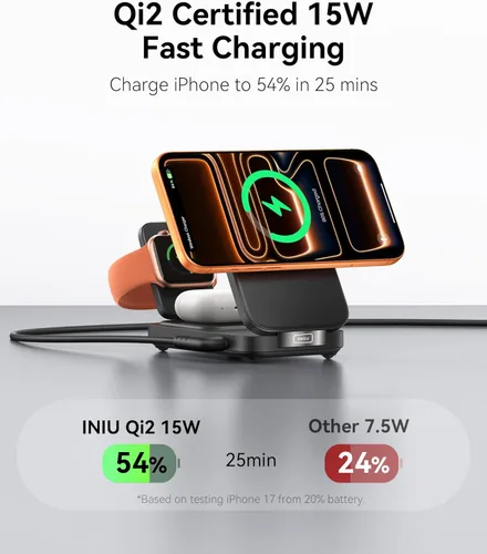 Miniatura 2 de INIU Estación de carga inalámbrica 3 en 1, cargador de viaje certificado Qi2 de 15W para múltiples dispositivos Apple, soporte de cargador Negro