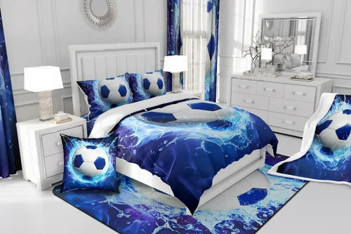 Miniatura 6 de Juego de ropa de cama de fútbol para niñas y niños, tamaño individual, juego de funda de edredón con temática deportiva, funda de edredón decorativa