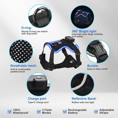 Miniatura 2 de Light Up Dog Harness, No-Pull Led Dog Harness Rechargeable, Glow in the Dark, LED Dog Vest Reflective, Adjustable & Comfort Padded Lighted Dog