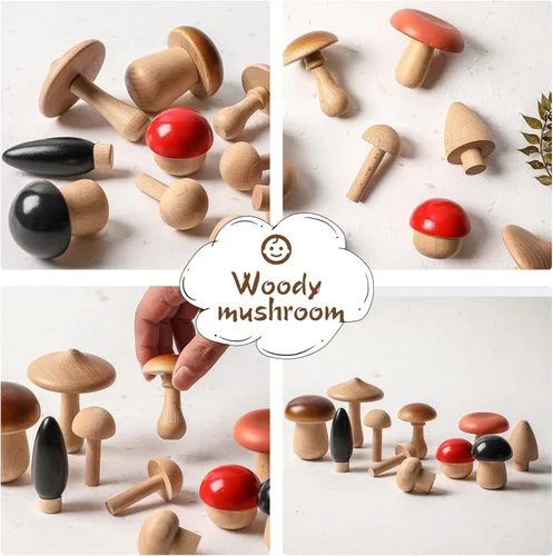 Miniatura 6 de Juguetes de madera con forma de hongos, bloques de madera Montessori, apilables, juguetes para niños pequeños, 11 piezas, hongos en miniatura