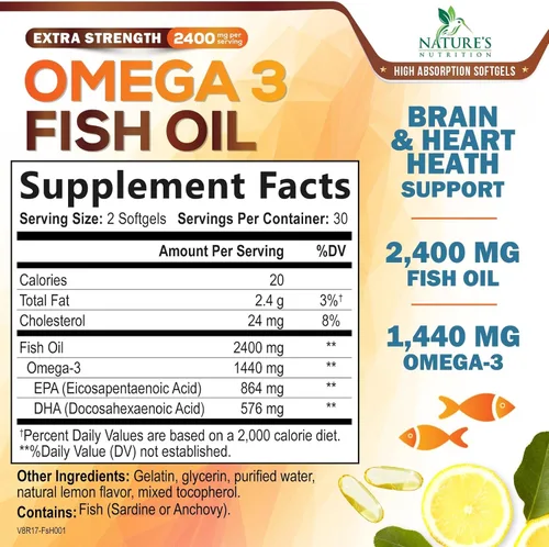 Miniatura 2 de Suplementos de aceite de pescado Omega 3 – 2400 mg de aceite de pescado por porción – Omega-3 de triple fuerza con ácidos grasos EPA y DHA – Apoyo