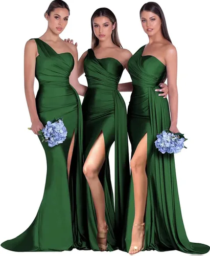 Vestidos largos de dama de honor de un hombro para mujer, vestido formal de satén con abertura