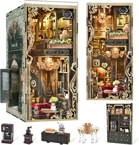 Miniatura 14 de MiniCity - Kit de manualidades para rincón de lectura, estantería de libros, inserto de estantería de madera, rompecabezas 3D, sujetalibros con luz