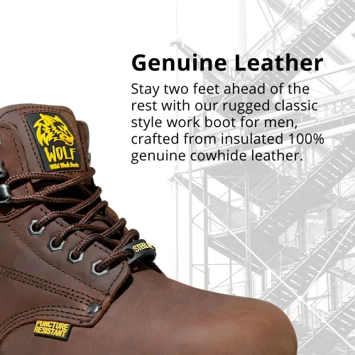 Miniatura 2 de Wolf Work Boot 100% Genuine Upper Leather Oil Impact Electrical Hazards Non-Slip Rubber Sole Tan Nubuck Plain Toe Padded Collar