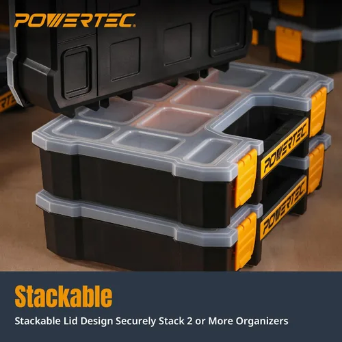 Miniatura 4 de POWERTEC Organizador de piezas pequeñas y caja de herramientas, 10 compartimentos, almacenamiento apilable con divisores extraíbles, tapa Caja