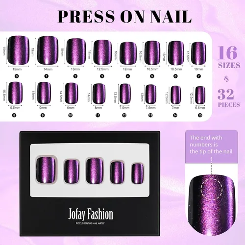 Miniatura 6 de Jofay Fashion - Uñas cortas a presión con diseño de ojo de gato, elegantes uñas cuadradas moradas, uñas postizas de gel suave, uñas postizas