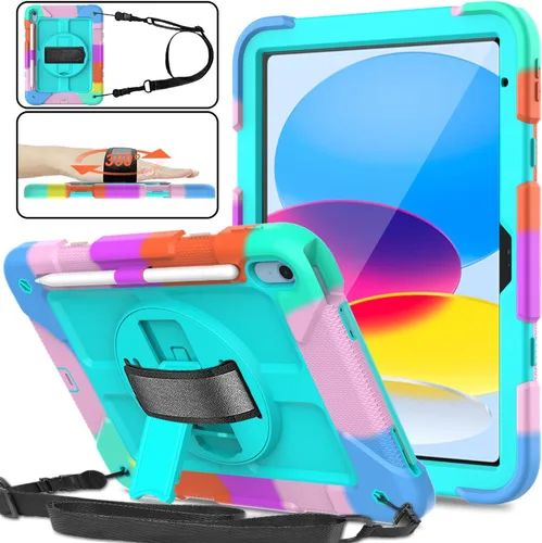 Miniatura 10 de Funda para iPad de 10.9 pulgadas 2022, duradera, ligera, a prueba de golpes, con soporte para lápices, soporte giratorio de 360º, correa