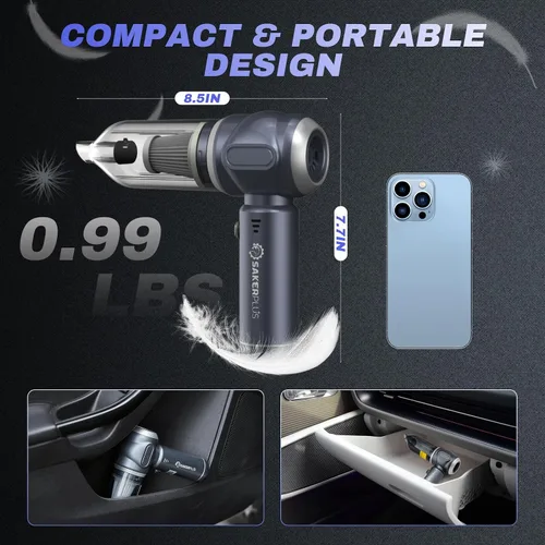 Miniatura 7 de SakerPlus Aspiradora de Coche Portátil Inalámbrica, Aspiradora de Mano Mini 3-en-1 de 17500PA de Alta Potencia, Aspiradora de Mano y Soplador