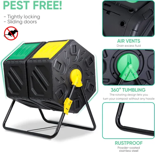 Miniatura 4 de F2C Vaso de compostaje de doble cámara de 37 galones para todas las estaciones, sin BPA, gran contenedor de compostador con 2 puertas correderas