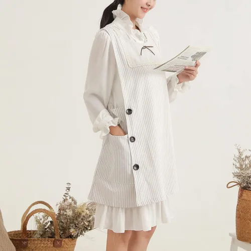 Miniatura 6 de Delantal de lino de algodón color blanco trigo encaje y arco decoración delantales estilo japonés chica estilo botón lateral cocina ropa