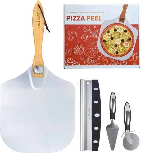 Accesorios para Horno de Pizza 4 PCS, Kit de Pizza, Pala de Pizza de Aluminio con Mango de Madera Plegable, Cortador de Pizza, Cuchilla Balancín,