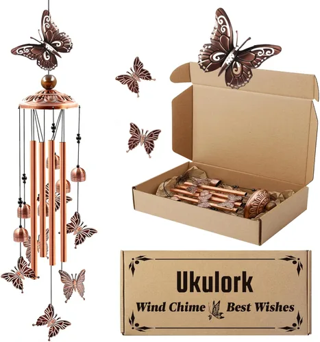 Ukulork Campanas de Viento para Exterior en Oferta, Campana de Mariposas de Aluminio con Tubo y Gancho en S, Decoración para Patio y Jardín, Regalo