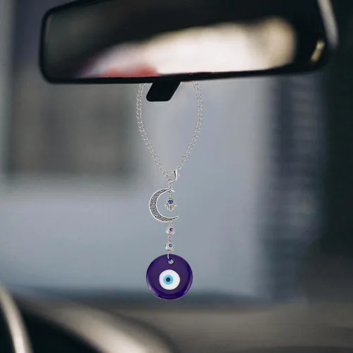 Miniatura 5 de Adorno colgante azul para coche con ojo malvado, dijes de cuentas con ojo malvado con adorno colgante de luna para coche, atrapasueños, regalo
