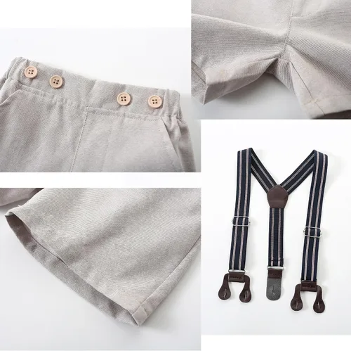 Miniatura 5 de Kimocat Conjunto de trajes de caballero para bebé, camisa corta de verano, corbatín + pantalones con babero, conjunto de ropa