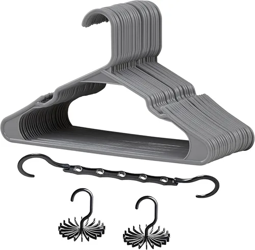 Miniatura 26 de VECELO Paquete de 25 perchas de ropa, colgador de plástico antideslizante, gancho giratorio de 360° y ahorro de espacio para armario de dormitorio