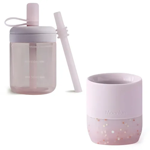 Moonkie Baby Cup Duo | Taza abierta para bebés + taza de entrenamiento con pajita | Tazas infantiles de silicona para destete y autoalimentación |