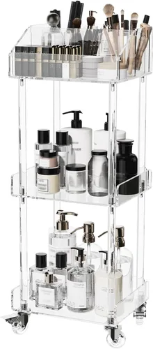 Aquiver Organizador de Maquillaje Acrílico Carrito de Almacenamiento - Carrito de Maquillaje Rodante de 3 Niveles Organizador de Tocador - Estuches