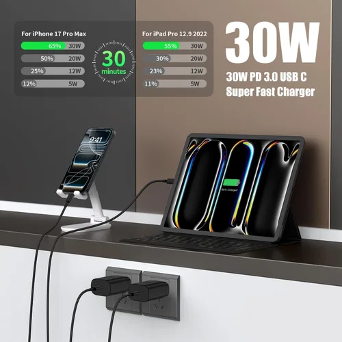 Miniatura 3 de Cargador de Bloque USB C de carga rápida para iPhone 17 16 Pro Max, cargadores USB-C de 30 W con cable largo de carga rápida tipo C de 3/6/10 pies