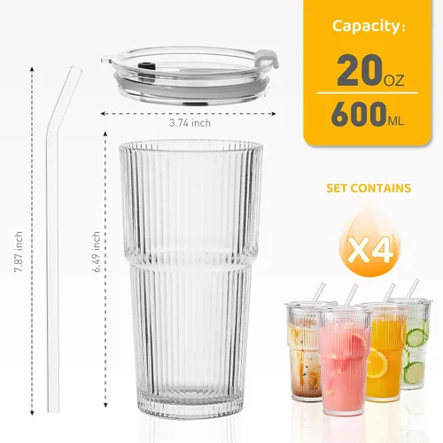 Miniatura 2 de Wells Vasos de vidrio de 20 onzas con tapas y pajitas, tazas de café helado acanaladas, vaso de vidrio grueso, ideal para café, batidos, cócteles