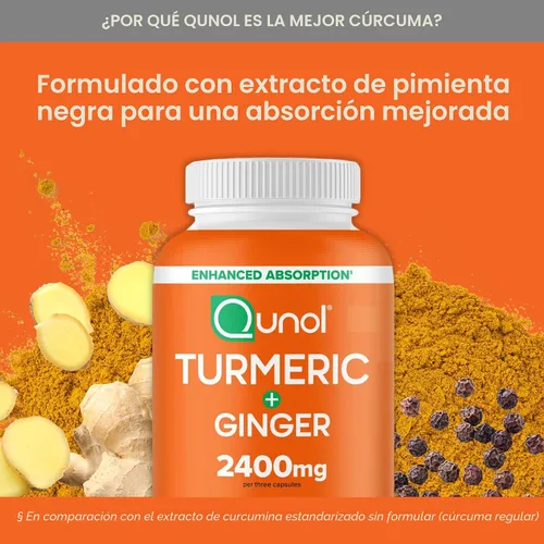 Miniatura 6 de Curcumina de cúrcuma con pimienta negra y jengibre, Qunol 2400 mg tumérica y jengibre, cápsulas de cúrcuma, suplemento de apoyo articular, 95%